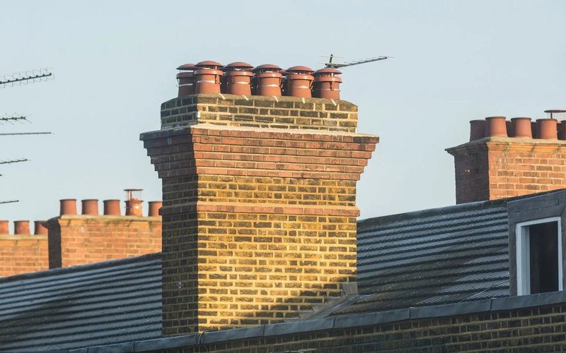 Brick chimney stacks and roof dormers above London-style rooftops