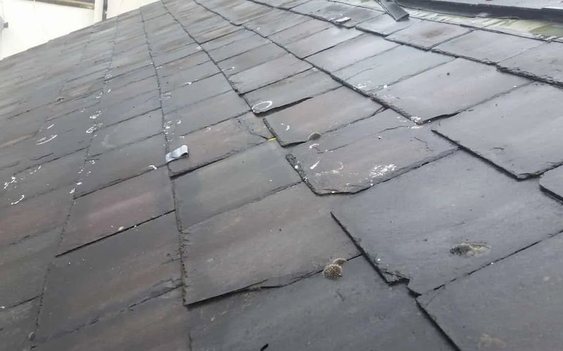 Slipped slate tiles visible on a pitched roof